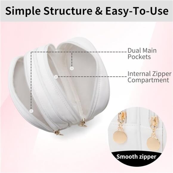 Small Makeup Bag Double Zipper Cosmetic Pouch Travel Toiletry Bag White - Picture 5 of 7